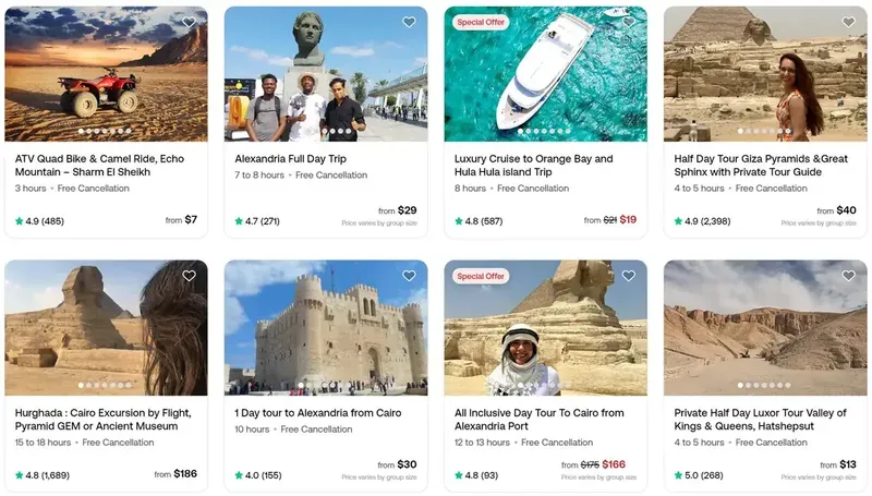شوف عينة حقيقية من قوائم وتجارب Viator و TripAdvisor في مصر